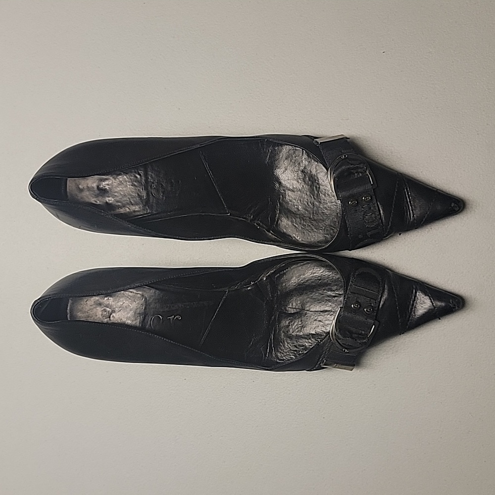 Dior Vintage 90s Black Kitten Heels with Logo Ribbon & Silver Buckle Size 9.5